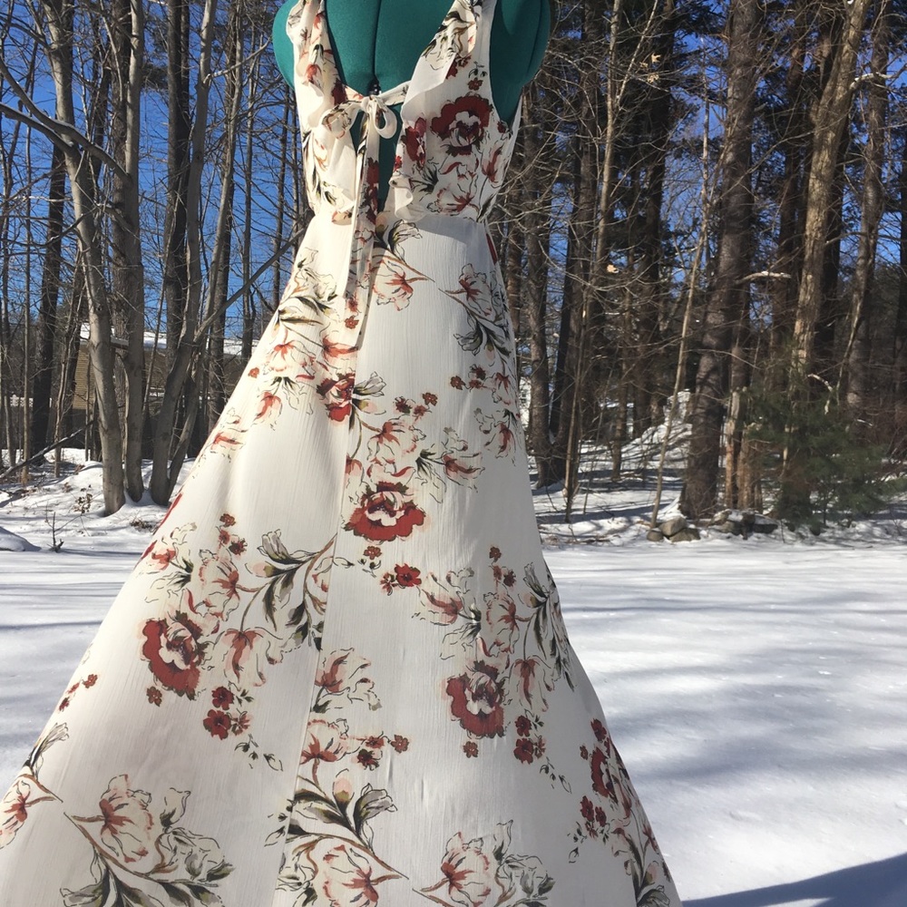 Romantic Floral Maxi Dress Velvet Trim - Picture 1 of 6